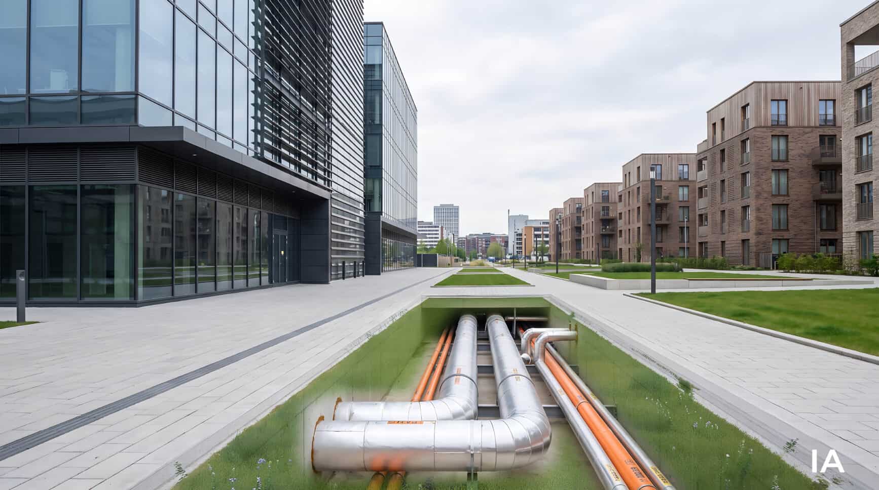 Vue réseau de froid urbain enterré.
